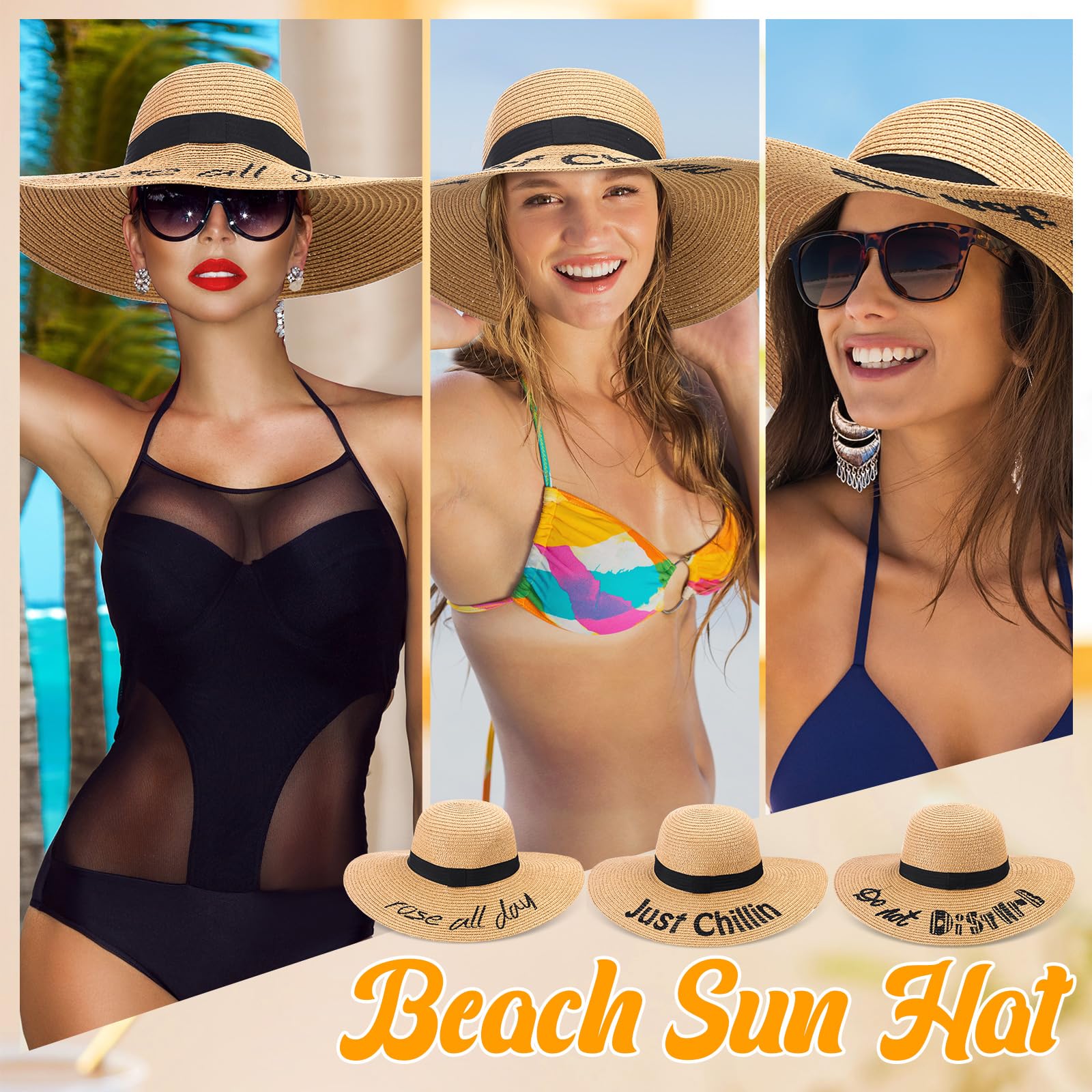 Sureio 12 Pcs Beach Hats for Women 6 Style Embroidered Straw Hat Large Brim Floppy Adjustable Summer Sun Hat for Vocation