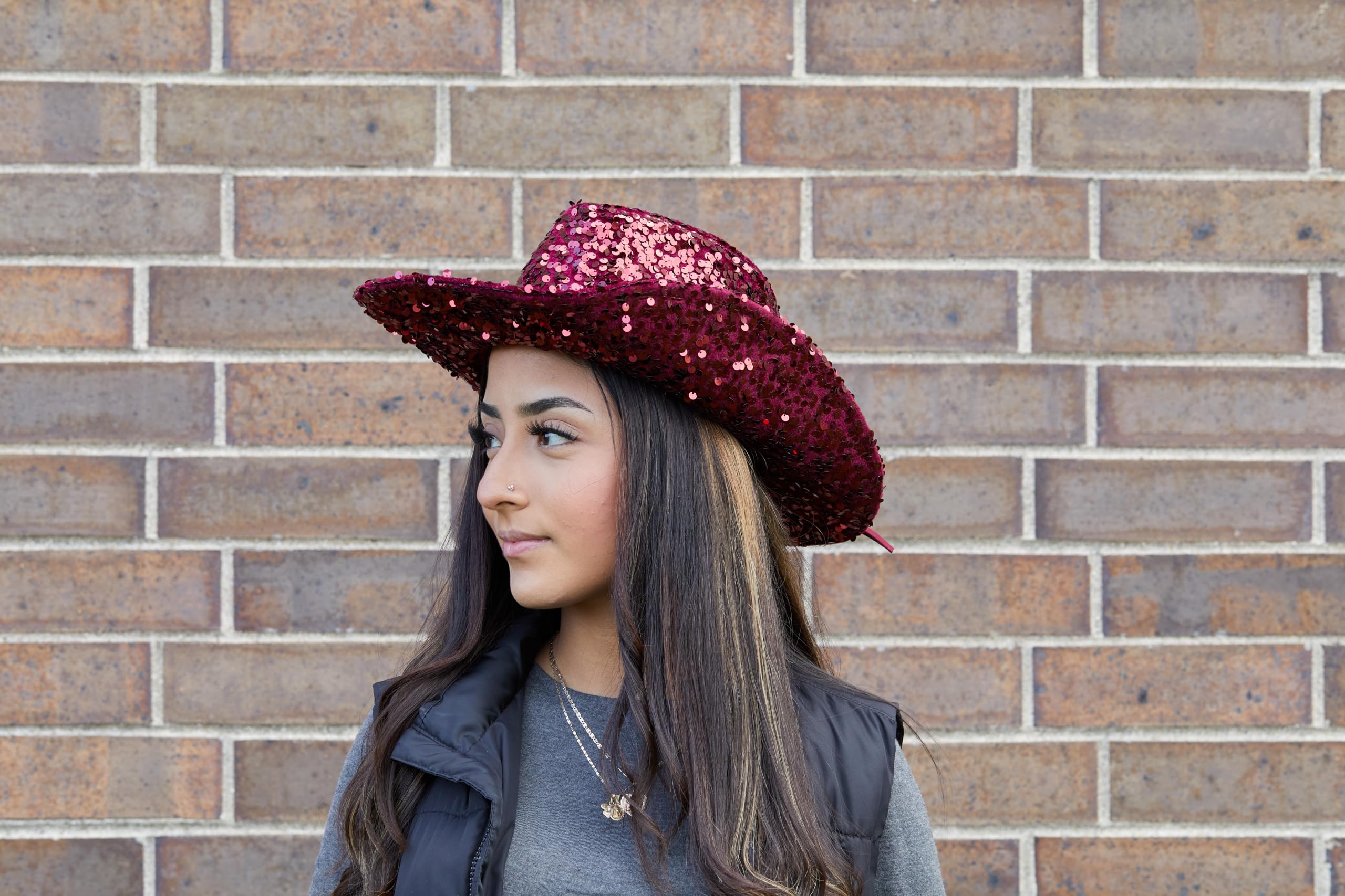 Funky Junque Women's Cowboy Hat - Large Sequin w/Suede String - Maroon Berry