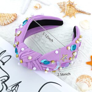 Jaciya Pearl Headband for Girls Rhinestone Headband for Women Wide Knotted Purple Headband for Women Starfish Head Band Mermaid Birthday Party Decorations