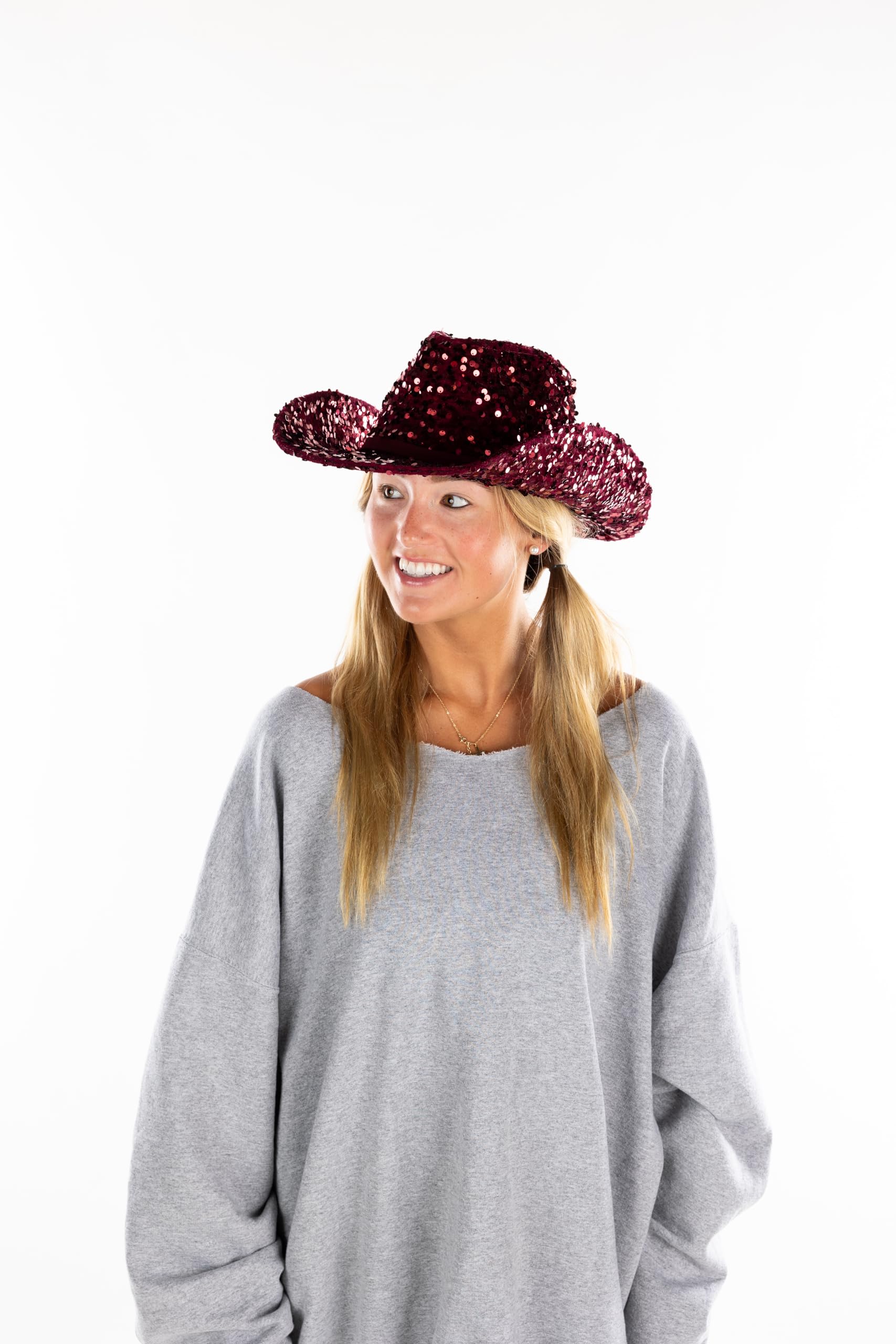 Funky Junque Women's Cowboy Hat - Large Sequin w/Suede String - Maroon Berry