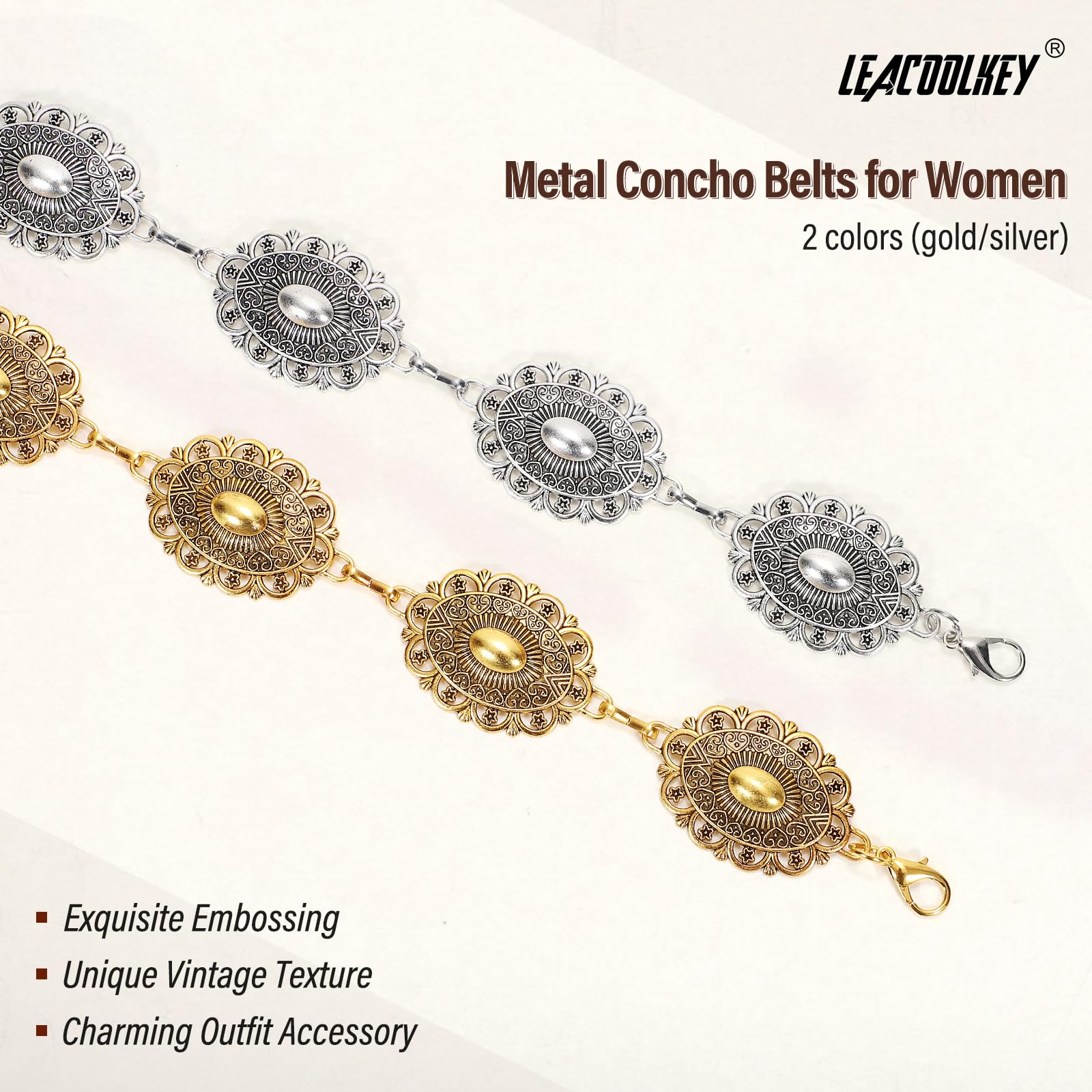 LEACOOLKEY Western Metal Concho Belt for Women Cowgirl Boho Waist Chain Belt for Dresses Jeans Pants, Gold