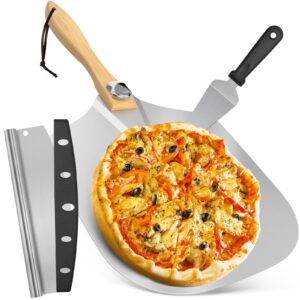 CasaCulina Pizza Peel Aluminum Pizza Spatula, 12 x 14 Inch Metal Pizza Paddle with Foldable Wooden Handle & Rocker Cutter, Pizza Peel Set for Family Pizza Oven Baking Pizza, Dough, Bread & Pastry