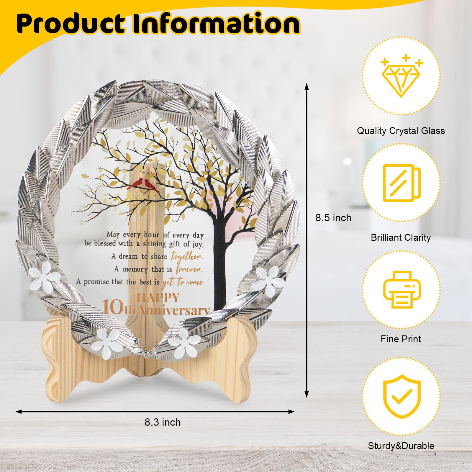 10 Year Tin Anniversary Wedding Gifts Crystal Plate with Gold Leaf Wreath - 10th Anniversary Wedding Gifts for Parents Couple - 10th Wedding Anniversary Unique Gift Ideas - Cardinal Style