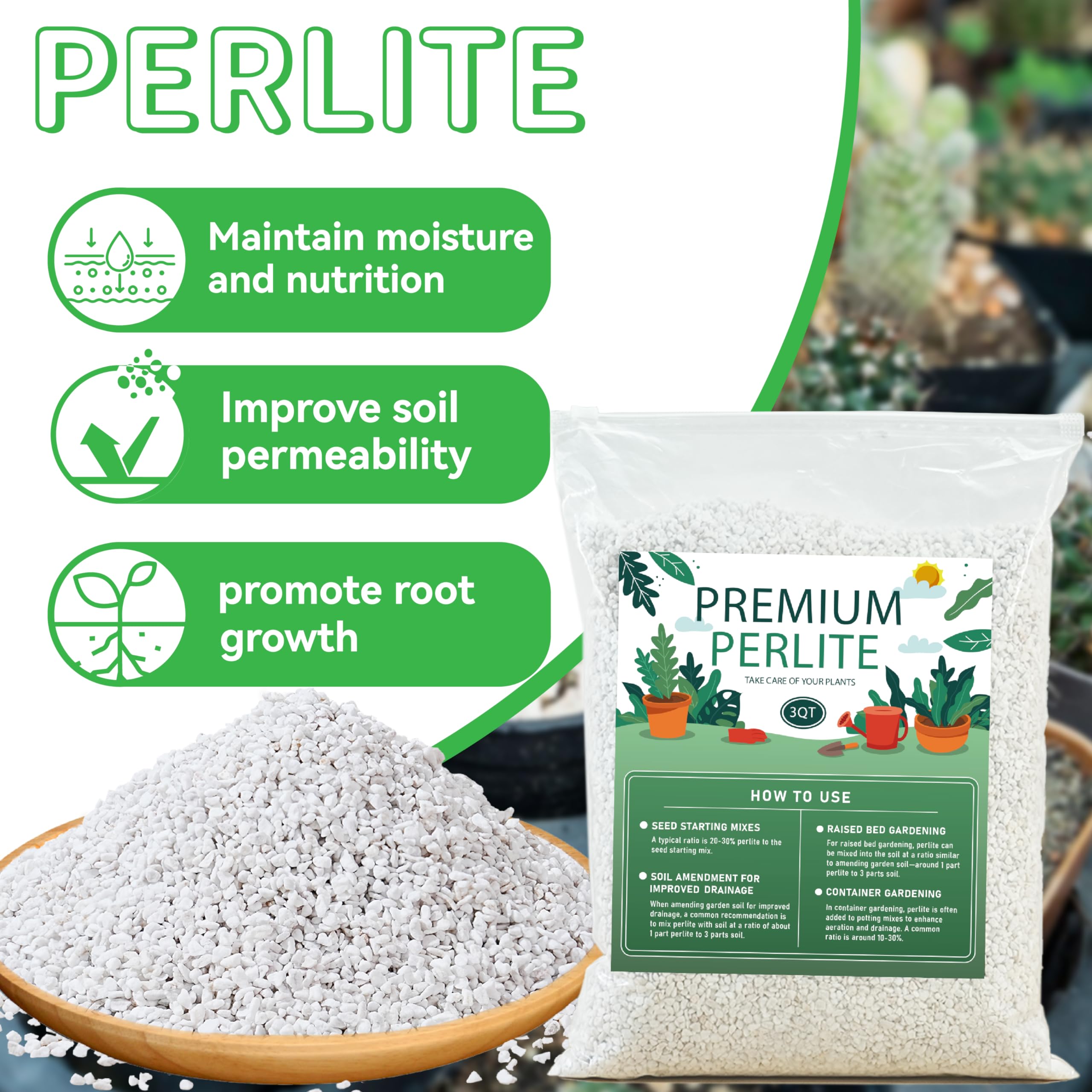 3QT Perlite for Plants, 3-6mm Horticultural Medium pearlight for Indoor & Outdoor, perilite Bulk Soil Amendment for Enhanced Drainage and Growth