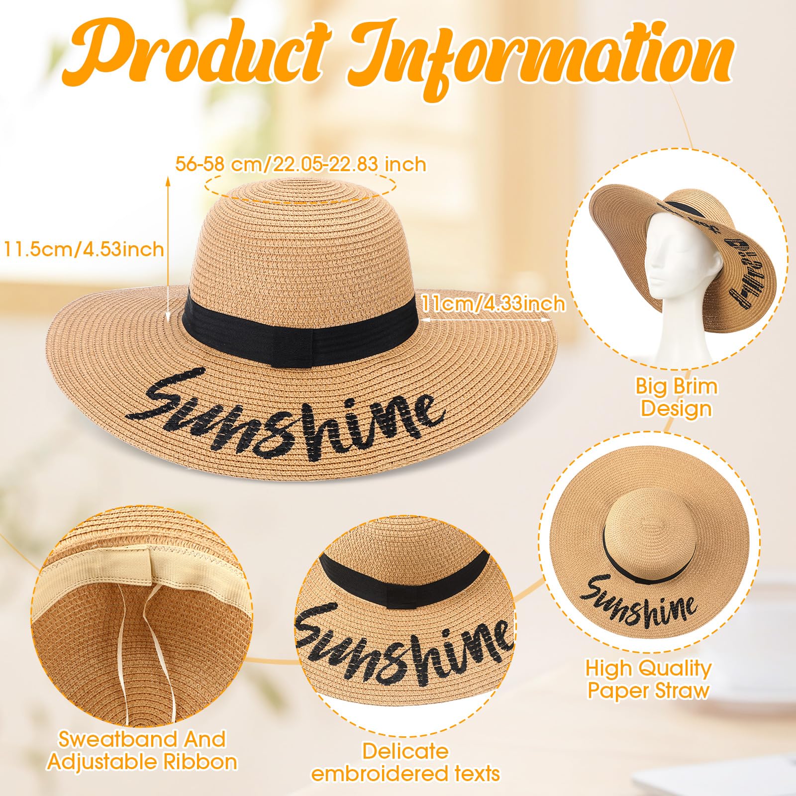 Sureio 12 Pcs Beach Hats for Women 6 Style Embroidered Straw Hat Large Brim Floppy Adjustable Summer Sun Hat for Vocation