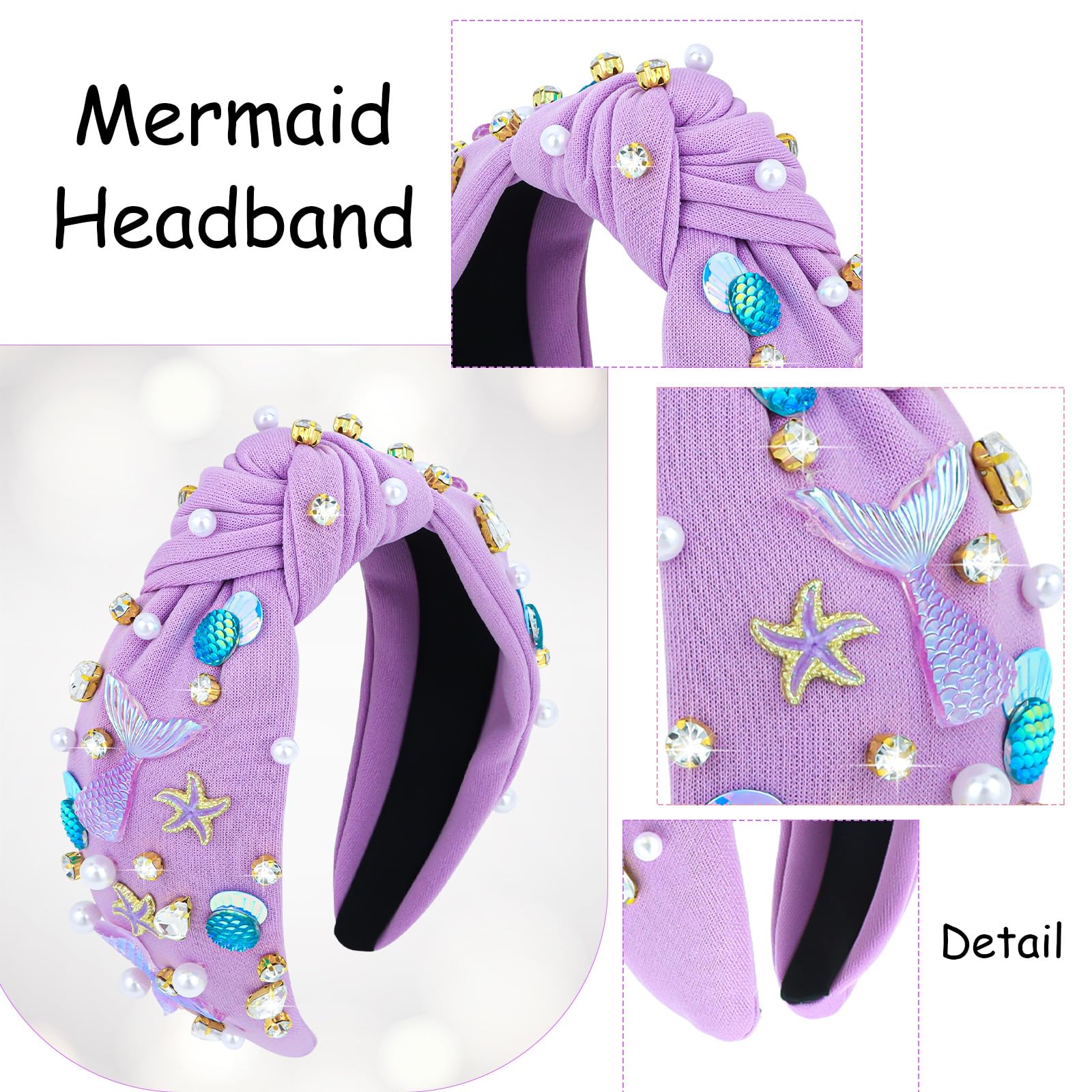 Jaciya Pearl Headband for Girls Rhinestone Headband for Women Wide Knotted Purple Headband for Women Starfish Head Band Mermaid Birthday Party Decorations