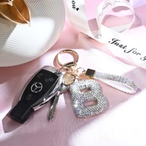 Pink Blue White Initial Letter Keychain Gift for Women Girls Bling Sparkly Cute Backpack Car Key Accessories Lanyard ﻿(A-white diamond)