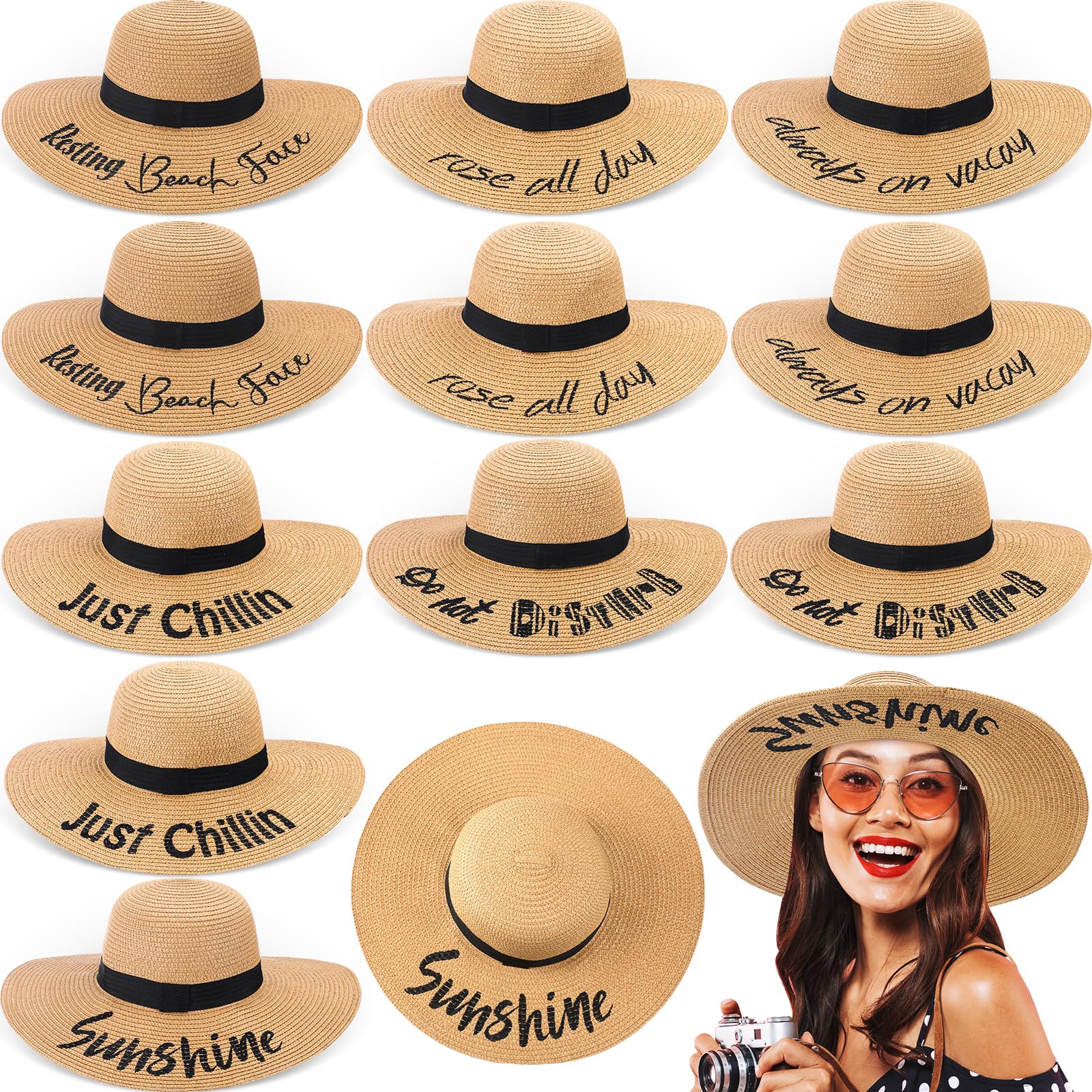 Sureio 12 Pcs Beach Hats for Women 6 Style Embroidered Straw Hat Large Brim Floppy Adjustable Summer Sun Hat for Vocation