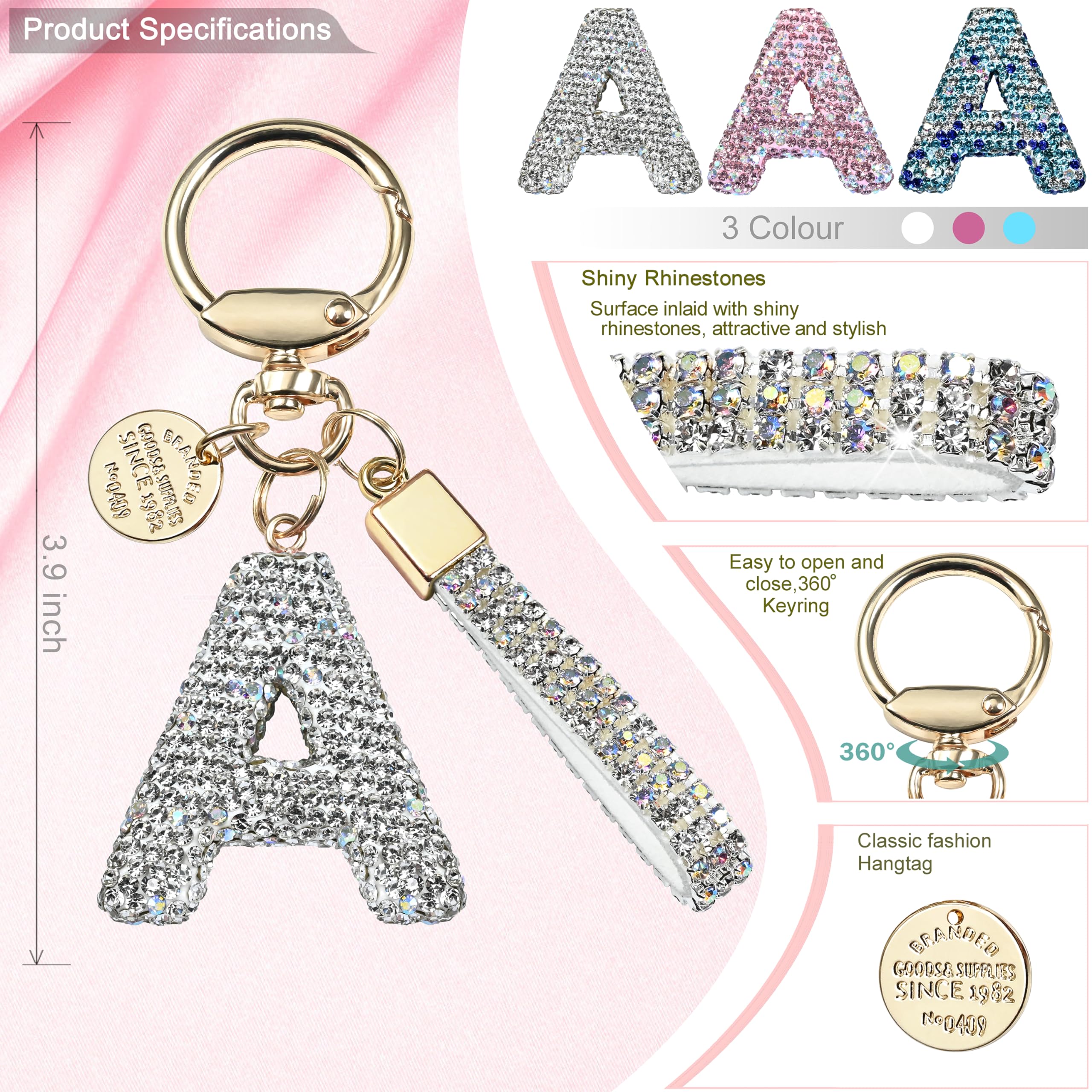 Pink Blue White Initial Letter Keychain Gift for Women Girls Bling Sparkly Cute Backpack Car Key Accessories Lanyard ﻿(A-white diamond)