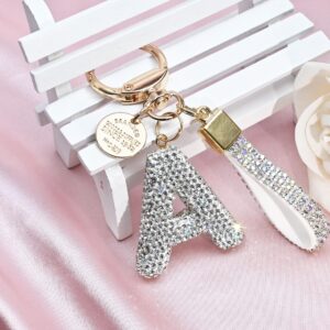 Pink Blue White Initial Letter Keychain Gift for Women Girls Bling Sparkly Cute Backpack Car Key Accessories Lanyard ﻿(A-white diamond)