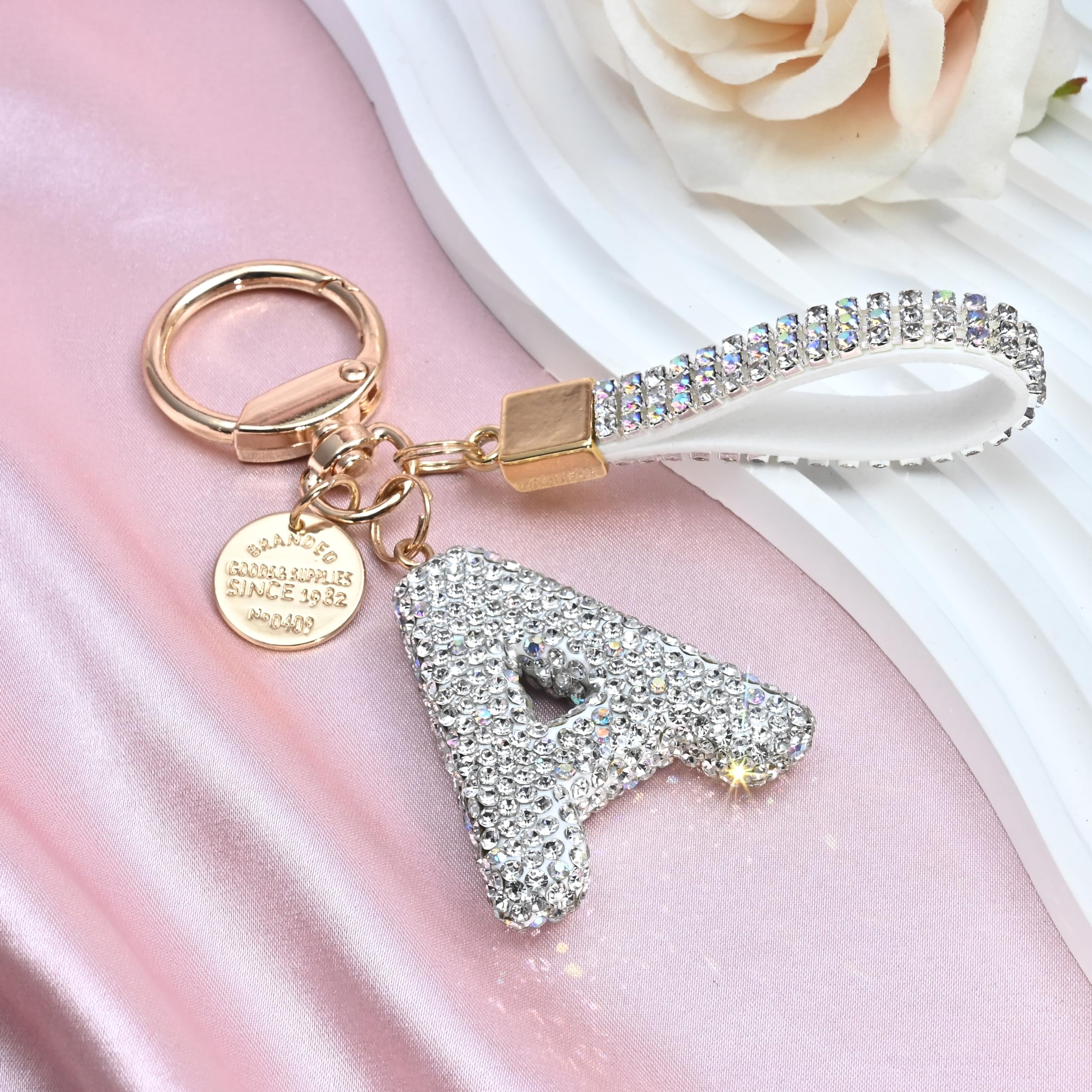 Pink Blue White Initial Letter Keychain Gift for Women Girls Bling Sparkly Cute Backpack Car Key Accessories Lanyard ﻿(A-white diamond)