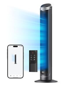 dreo smart tower fans for bedroom, 90° oscillating fans for indoors, 5 speeds 4 modes max 26ft/s, 12h timer, led with touch, remote control, 40" quiet bladeless standing floor fan, work with alexa