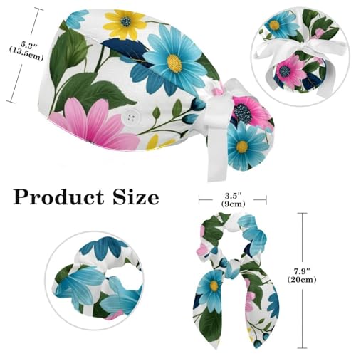 Nurse Scrub Caps,Scrub Hats with Buttons and Cotton Sweatband,Tropical Flower Painting Plant