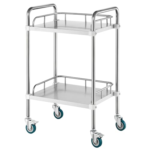 VEVOR Lab Rolling Cart, 2-Shelf Stainless Steel Rolling Cart, Lab Serving Cart with Swivel Casters, Dental Utility Cart for Clinic, Lab, Hospital, Salon, 15.16"x21.57"x34.06"