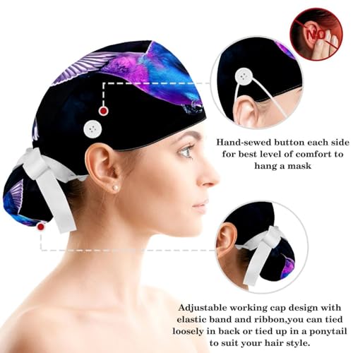 Scrub Surgical Hat,Cycling Hat with Buttons and Cotton Sweatband,Humming Bird Watercolor