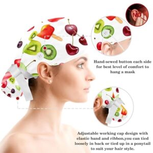 Nurse Scrub Caps,Scrub Hats with Buttons and Cotton Sweatband,Summer Ice Cream and Fruits