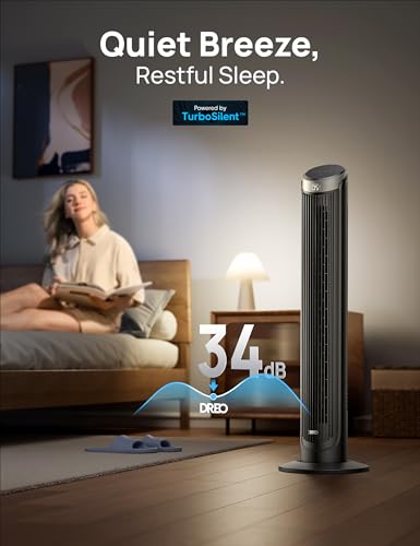 Dreo Smart Tower Fans for Bedroom, 90° Oscillating Fans for indoors, 5 Speeds 4 Modes Max 26ft/s, 12H Timer, LED with Touch, Remote Control, 40" Quiet Bladeless Standing Floor Fan, Work with Alexa