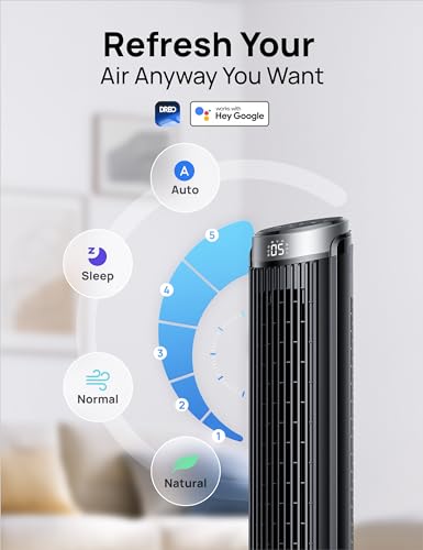 Dreo Smart Tower Fans for Bedroom, 90° Oscillating Fans for indoors, 5 Speeds 4 Modes Max 26ft/s, 12H Timer, LED with Touch, Remote Control, 40" Quiet Bladeless Standing Floor Fan, Work with Alexa