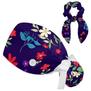 Scrub Surgical Hat,Cycling Hat with Buttons and Cotton Sweatband,Purple Background Floral