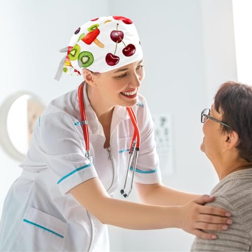 Nurse Scrub Caps,Scrub Hats with Buttons and Cotton Sweatband,Summer Ice Cream and Fruits