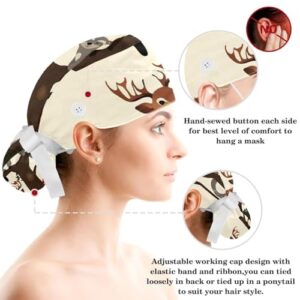 Scrub Surgical Hat,Cycling Hat with Buttons and Cotton Sweatband,Sloth and Owl Deer