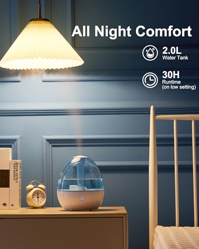 2L Cool Mist Humidifier for Bedroom with Nightlight, 30H Runtime, 360° Nozzle, Auto Shut-Off, Easy to Fill and Clean, Ideal for Home and Baby Nursery