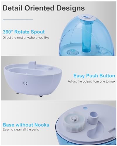 2L Cool Mist Humidifier for Bedroom with Nightlight, 30H Runtime, 360° Nozzle, Auto Shut-Off, Easy to Fill and Clean, Ideal for Home and Baby Nursery