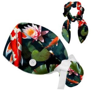 scrub surgical hat,cycling hat with buttons and cotton sweatband,japanese koi fish lotus