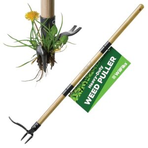 weed puller tool, stand up heavy duty weed remover tool, foot platform design - real bamboo long handle - 4 claw steel head weeder tool, garden hand weeding tool smoothly remove weeds without kneeling