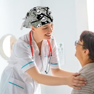 Nurse Scrub Caps,Scrub Hats with Buttons and Cotton Sweatband,Tree and Panda