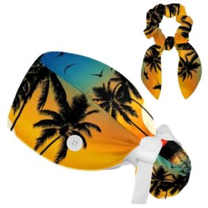 Nurse Scrub Caps,Scrub Hats with Buttons and Cotton Sweatband,Plam Tree Tropical Island at Sunset