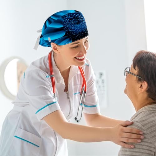 Scrub Surgical Hat,Cycling Hat with Buttons and Cotton Sweatband,Spring Blue Flower Blossom