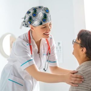 Nurse Scrub Caps,Scrub Hats with Buttons and Cotton Sweatband,Peacock Feather