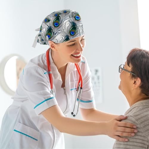 Nurse Scrub Caps,Scrub Hats with Buttons and Cotton Sweatband,Peacock Feather