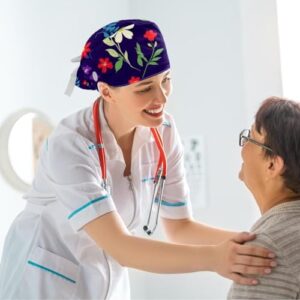 Scrub Surgical Hat,Cycling Hat with Buttons and Cotton Sweatband,Purple Background Floral