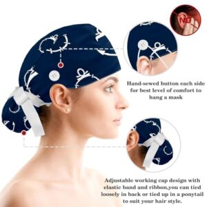 Nurse Scrub Caps,Scrub Hats with Buttons and Cotton Sweatband,Ocean Sea Marinetime Anchor