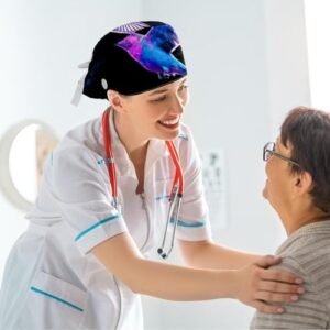 Scrub Surgical Hat,Cycling Hat with Buttons and Cotton Sweatband,Humming Bird Watercolor