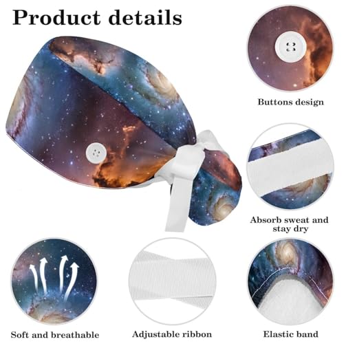 Scrub Surgical Hat,Cycling Hat with Buttons and Cotton Sweatband,Nebulae Many Stars Universe