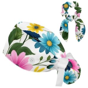 Nurse Scrub Caps,Scrub Hats with Buttons and Cotton Sweatband,Tropical Flower Painting Plant