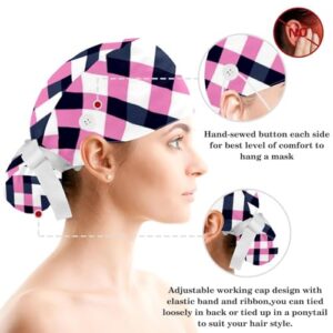 Nurse Scrub Caps,Scrub Hats with Buttons and Cotton Sweatband,Pink Paper Plaid