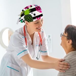 Scrub Surgical Hat,Cycling Hat with Buttons and Cotton Sweatband,Pineapple Geometric Stripes