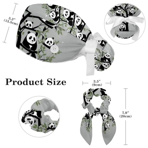 Nurse Scrub Caps,Scrub Hats with Buttons and Cotton Sweatband,Tree and Panda