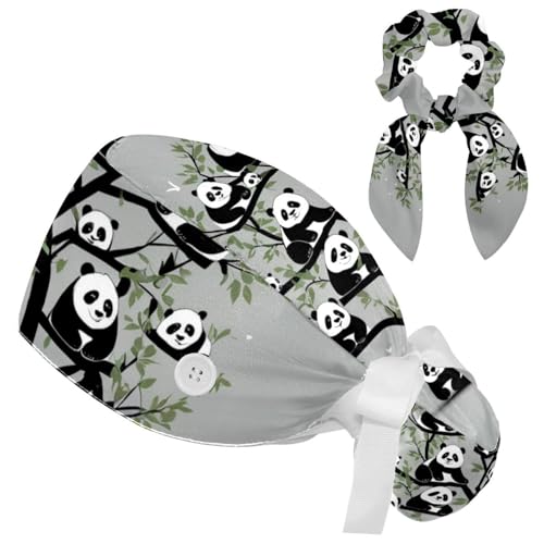 Nurse Scrub Caps,Scrub Hats with Buttons and Cotton Sweatband,Tree and Panda