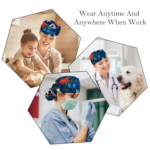 2-Pc Scrub Hats Women Bouffant Hats,Work Hat with Buttons and Cotton Sweatband,Retro Birds Wedding