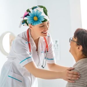 Nurse Scrub Caps,Scrub Hats with Buttons and Cotton Sweatband,Tropical Flower Painting Plant