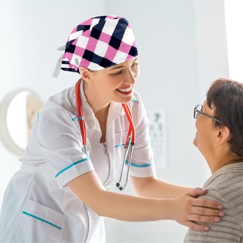 Nurse Scrub Caps,Scrub Hats with Buttons and Cotton Sweatband,Pink Paper Plaid