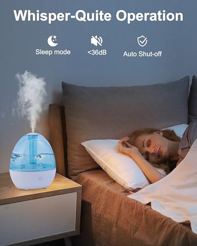 2L Cool Mist Humidifier for Bedroom with Nightlight, 30H Runtime, 360° Nozzle, Auto Shut-Off, Easy to Fill and Clean, Ideal for Home and Baby Nursery