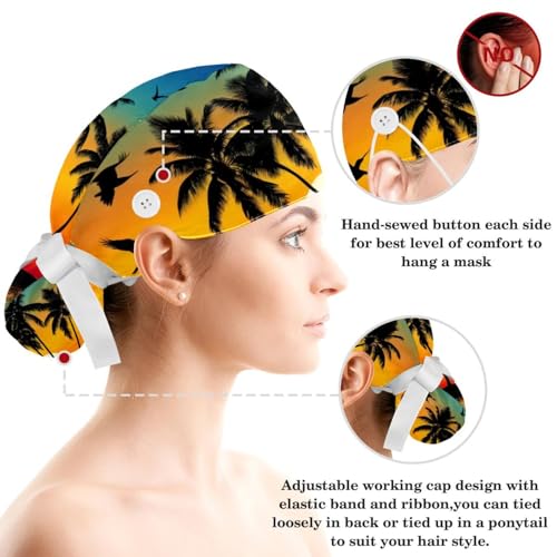 Nurse Scrub Caps,Scrub Hats with Buttons and Cotton Sweatband,Plam Tree Tropical Island at Sunset