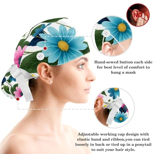 Nurse Scrub Caps,Scrub Hats with Buttons and Cotton Sweatband,Tropical Flower Painting Plant