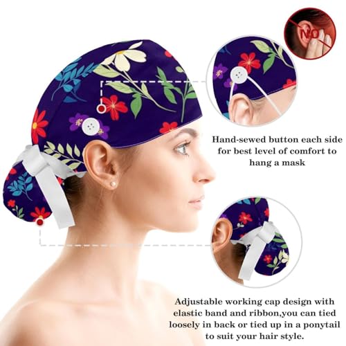 Scrub Surgical Hat,Cycling Hat with Buttons and Cotton Sweatband,Purple Background Floral